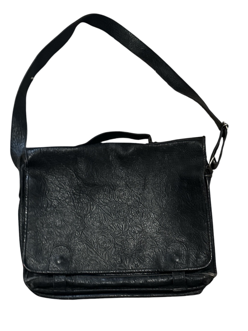 Textured Black Men's Leather Messenger Bag with Adjustable Strap